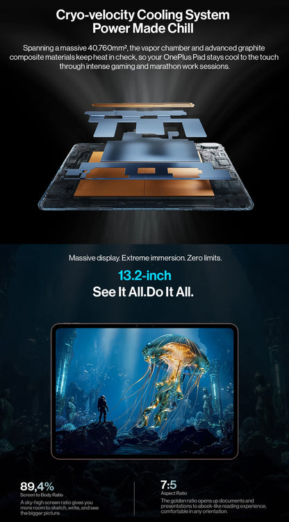 OnePlus Pad 4 Versione Globale Tablet WiFi – Display LCD da 13,2" 144Hz, Snapdragon 8 Elite Gen 5, 8 Altoparlanti, Fotocamera da 13MP, Batteria da 13380mAh, Ricarica Rapida SUPERVOOC da 80W (Caricabatterie non incluso)