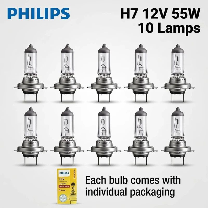 Philips 10 Lampade Vision H7 12V 55W PX26d, Faro Alogeno Originale per Auto 3200K, Lampadina Standard di Ricambio Genuina 12972C1
