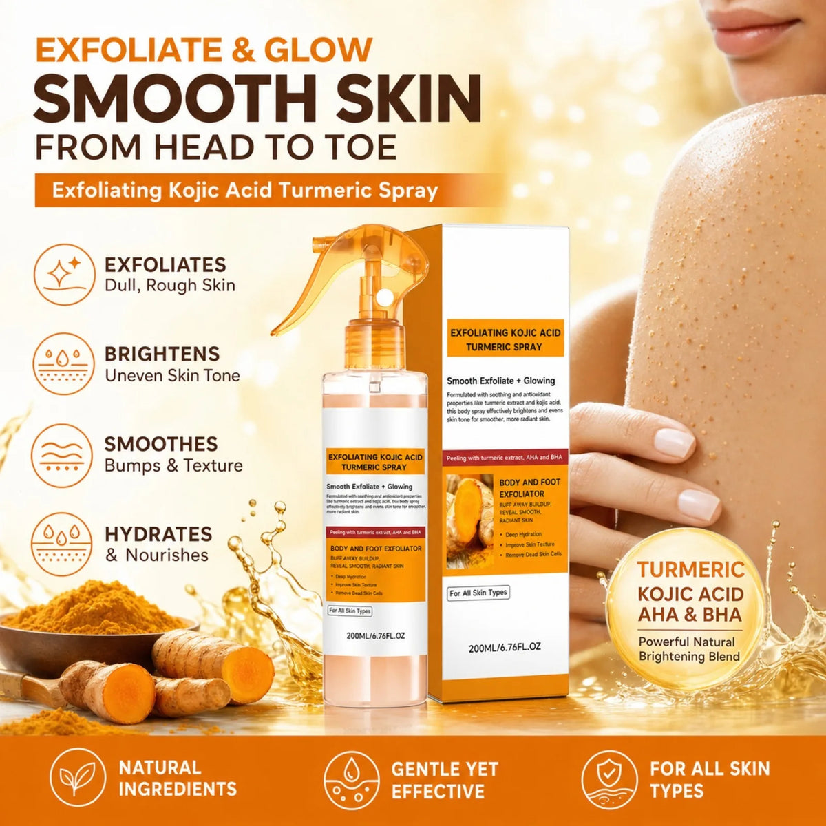 Set per la Cura della Pelle con Spray ed Siero Esfoliante all'Acido Kojico e Curcuma, Esfoliazione Delicata, Migliora il Tono Opaco, Kit Illuminante e Levigante