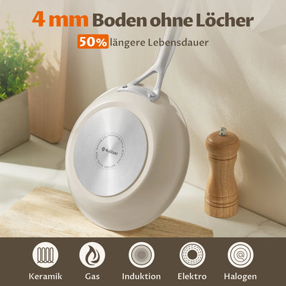 Padella in ceramica a induzione 28 cm con manico in acciaio fuso, beige, padella in ceramica senza PTFE e PFOA, padella in ceramica a induzione 28 cm, non-s