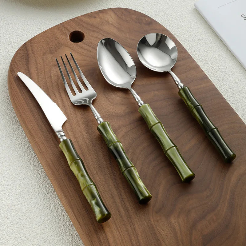 Set di Posate in Resina Stile Bambù, Acciaio Inossidabile 304, Posate Classiche, Opzioni da 1/3/4 Pezzi per Casa e Cucina