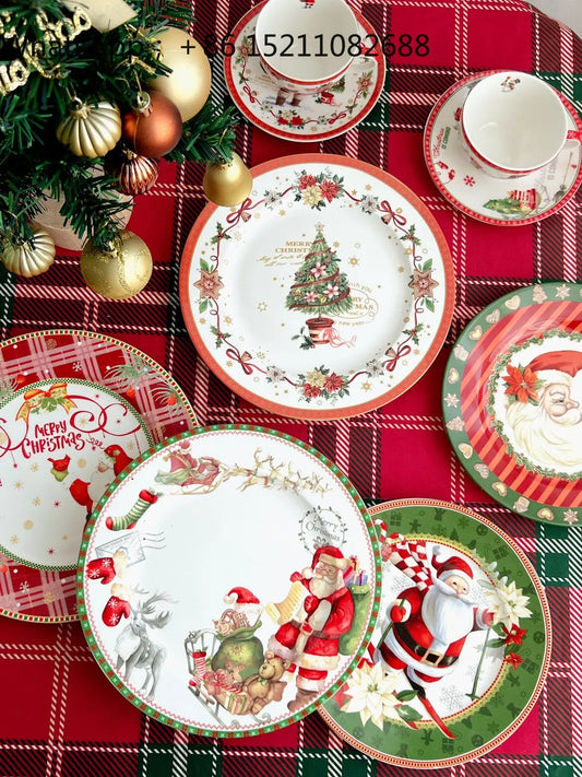 Piatto natalizio LLY, set di tazze e piattini da caffè con Babbo Natale, stoviglie natalizie, decorazioni per la casa e regali per le festività.