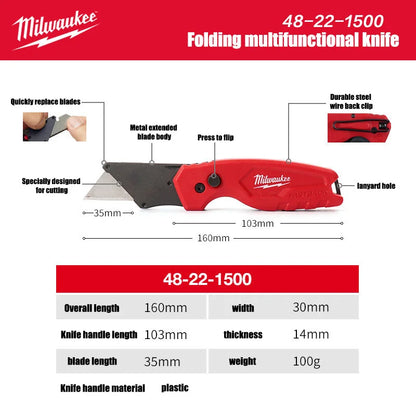 Serie Milwaukee FASTBACK, Coltello Multifunzione Pieghevole 6-in-1, Angolo della Lama Inferiore a 60 Gradi ° Coltello pieghevole con custodia, coltello artistico