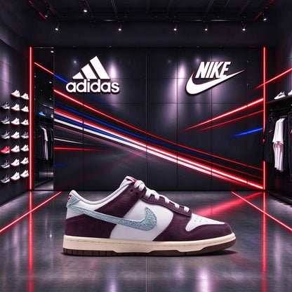 Sneakers Nike Low-Top, modello retro, casual, sportivo e alla moda, con colori a blocchi bianco, marrone e viola, e logo Flash Swoosh, IB5691-100.