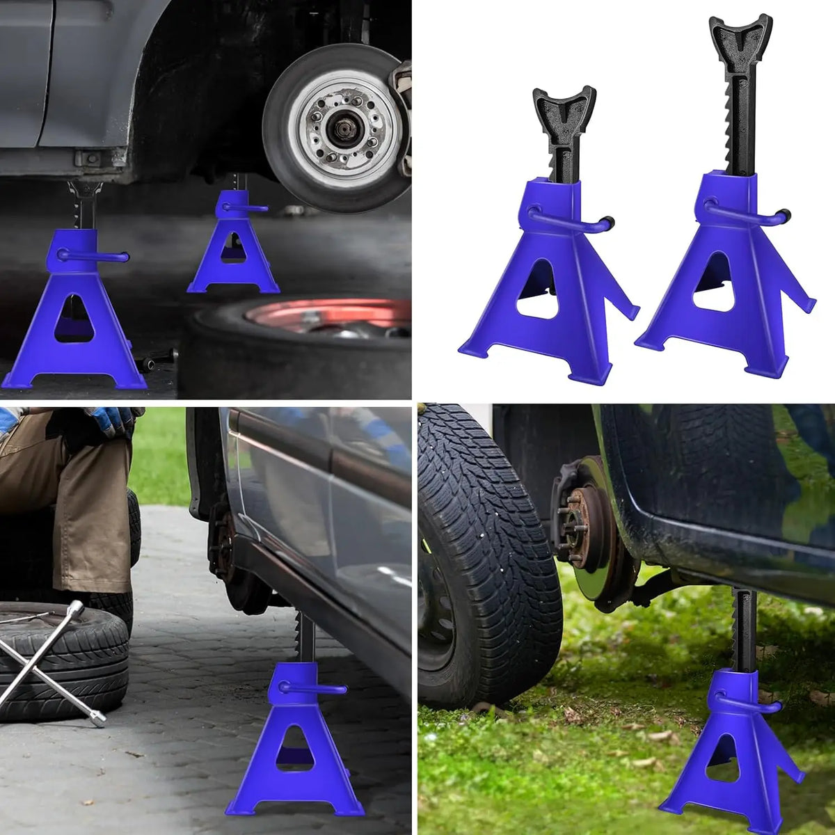 Confezione da 2 cavalletti in acciaio resistente con maniglia ergonomica, cavalletti di supporto per veicoli con altezza regolabile a cricchetto e base antiscivolo, per berline, SUV, manutenzione in garage e sostituzione pneu