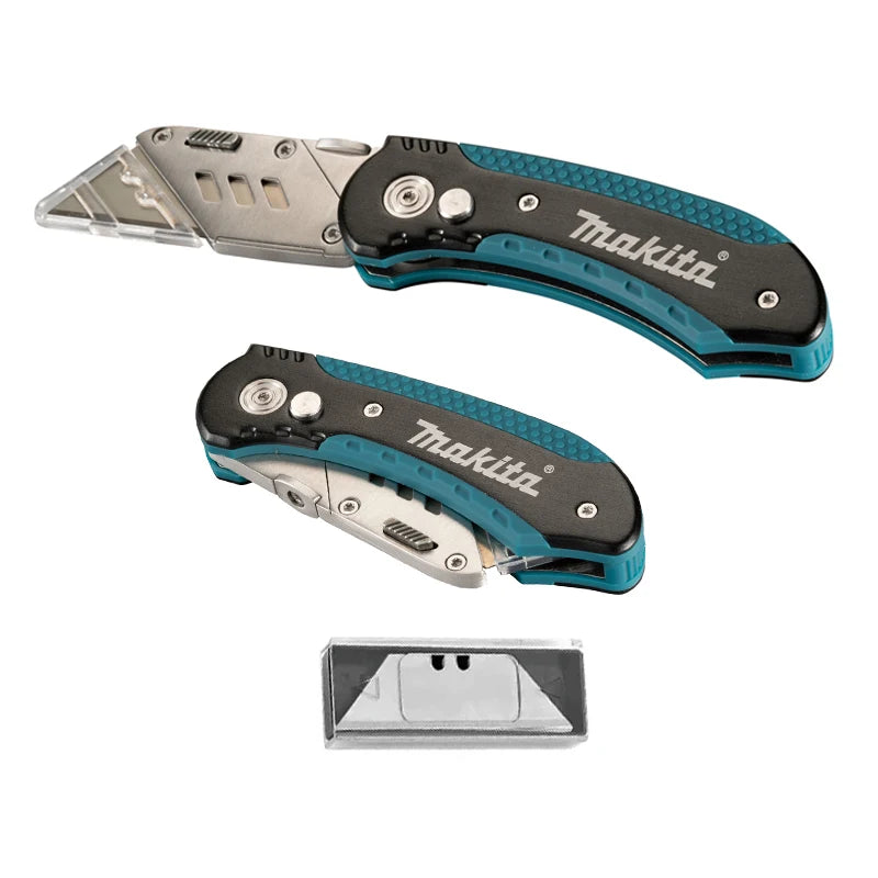 Coltello multiuso Makita con lame a scatto, caricamento facile, lame extra retrattili, impugnatura comoda in gomma, strumento manuale combinato completo