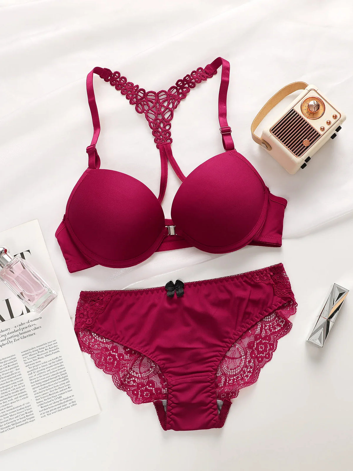 Signore nero rosso blu con cerchi in acciaio fibbia anteriore bellissimo set di biancheria intima reggiseno pull up posteriore A2128