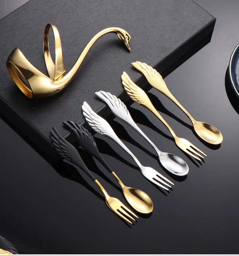 Set di forchette eleganti con base a forma di cigno, cucchiaio da caffè, dessert e insalata in acciaio inossidabile, posate per torte, stoviglie a zero sprechi, dropship
