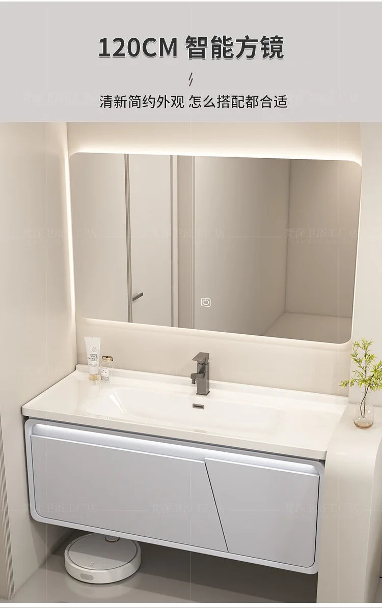 Mobile Bagno Moderno Intelligente con Lavabo Integrato in Ceramica, Armadietti in Rovere, Specchio LED e Mobiletto - Arredamento Bagno