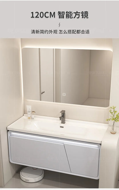 Mobile Bagno Moderno Intelligente con Lavabo Integrato in Ceramica, Armadietti in Rovere, Specchio LED e Mobiletto - Arredamento Bagno