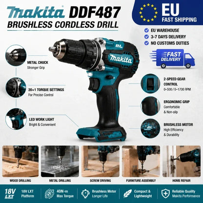 Trapano Avvitatore a Batteria Brushless Makita 18V LXT DDF487 10mm ad Alta Coppia + Batteria BL1860B BL1840 6.0Ah - Spedizione Veloce da Magazzino EU