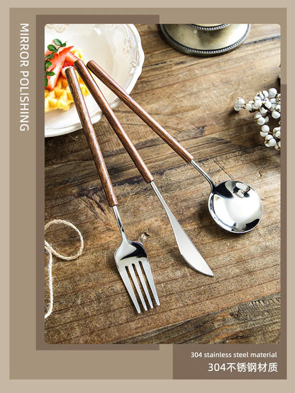 Set di posate di lusso leggero per hotel in acciaio inossidabile con manico in palissandro vintage, coltello da bistecca, forchetta e cucchiaio