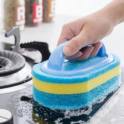Spazzola per la pulizia della casa con manico, sapone per piatti, spugna abrasiva spessa per bagno, cucina e vasca da bagno, strumenti e accessori resistenti per la casa.