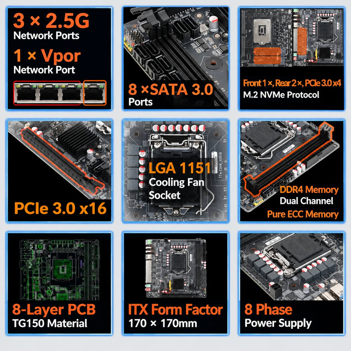 Scheda Madre NAS Mini Vpro YX-C246 a 8 Alloggiamenti 8 SATA 4 LAN 2xDDR4 3xM.2 PCIe x16 LGA1151 Supporta E-2100 E-2200 Core di 8a e 9a Generazione