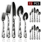 Set di posate in acciaio inossidabile con incisione laser Rose Cat, 4/15/25/40 pezzi, coltello, forchetta, cucchiaio, per coppie, stoviglie per feste