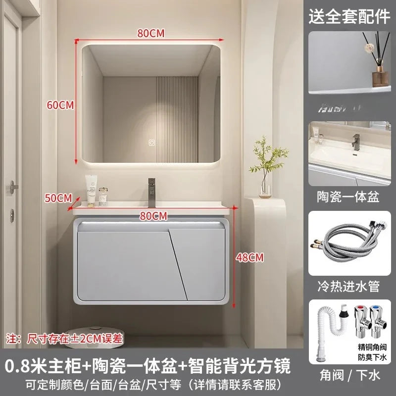 Mobile Bagno Moderno Intelligente con Lavabo Integrato in Ceramica, Armadietti in Rovere, Specchio LED e Mobiletto - Arredamento Bagno