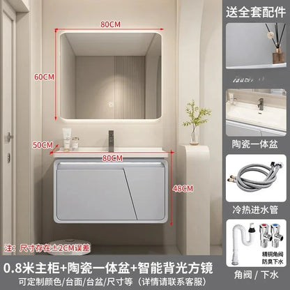 Mobile Bagno Moderno Intelligente con Lavabo Integrato in Ceramica, Armadietti in Rovere, Specchio LED e Mobiletto - Arredamento Bagno