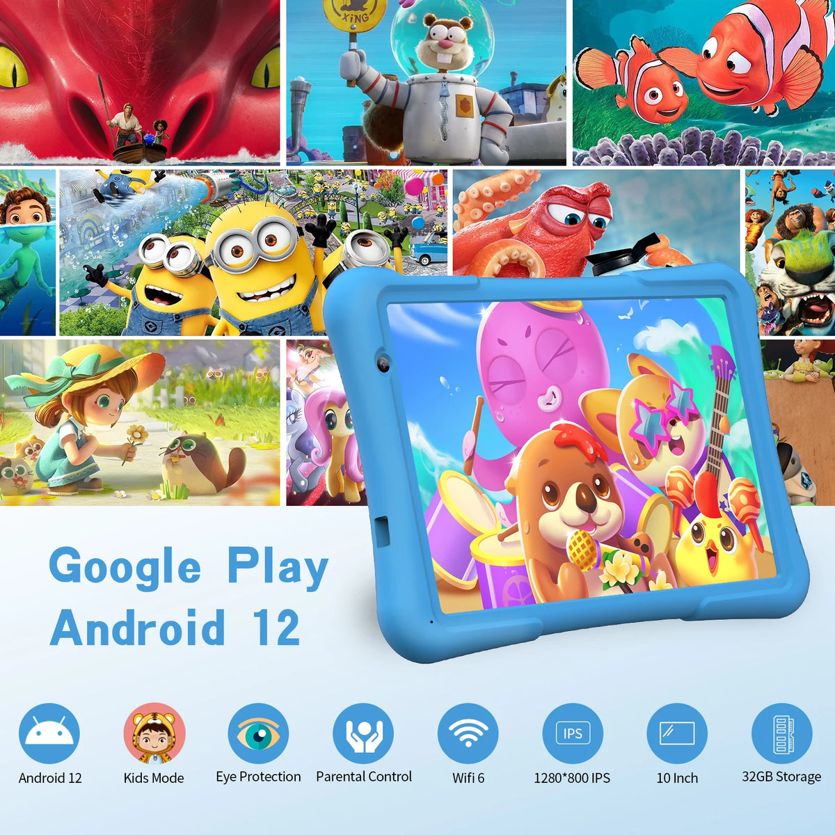 Tablet Android PRITOM da 10 pollici per bambini, 4GB(2+2)+32GB, Quad Core, 6000 mAh, WiFi 6, doppia fotocamera, Bluetooth, tablet per bambini piccoli