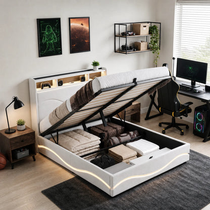 Letto matrimoniale con struttura idraulica, rivestito in velluto color beige, dimensioni 140x200 cm, dotato di base a doghe e testiera con vano contenitore, senza materasso incluso, ideale per la camera da letto.