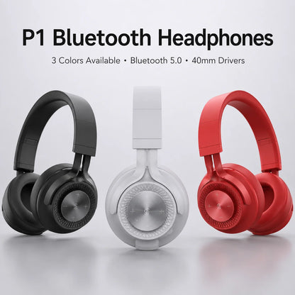 Cuffie Bluetooth P1, Auricolari Wireless con Driver Dinamici da 40mm, Stereo Bass, Pieghevoli, 25 Ore di Autonomia per Musica, Gaming e Chiamate