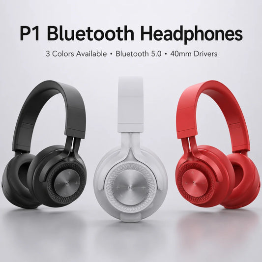 Cuffie Bluetooth P1, Auricolari Wireless con Driver Dinamici da 40mm, Stereo Bass, Pieghevoli, 25 Ore di Autonomia per Musica, Gaming e Chiamate