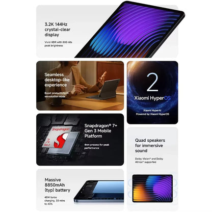 Xiaomi Pad 7 Versione Globale, CPU Octa-core Snapdragon 7+ Gen 3, Tablet con Batteria da 8850mAh, Fotocamera da 13MP, Display da 11.2" 3.2K 144Hz