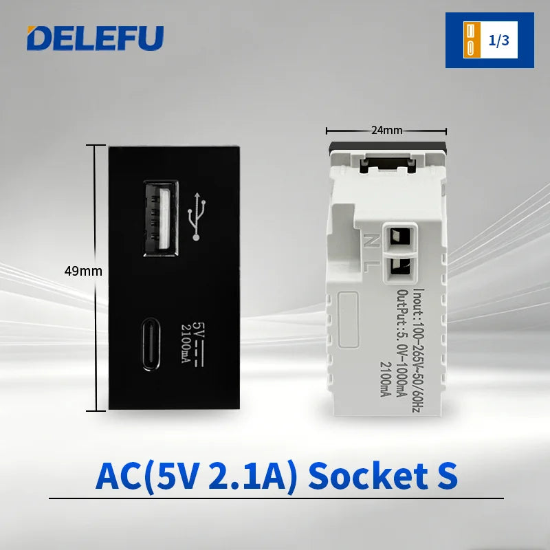 DELEFU Modulo Presa Combinabile Tipo-C Brasile - Uso Domestico - Nero - Assemblaggio Fai-da-te - Presa con Interruttore per Ricarica Rapida USB Tipo-C