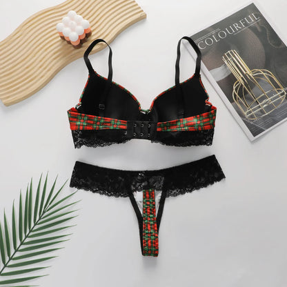 Completo intimo da donna con stampa a quadri, composto da reggiseno push-up con ferretto e perizoma, in pizzo nero con applicazioni, ideale per Natale, modello L1018.