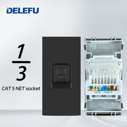 DELEFU Presa Italiana Fai-da-te con USB Tipo C, Interruttore Campanello, 45A 20A, per Tende, Telefono, CAT5, TV, HDMI, SAT, Nera