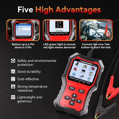 Tester Batteria Auto 2in1 KONNWEI KW371 2026 e Tester Relè a 4 Pin 5 Pin 6V 12V 24V con Stampa Dati Guasto, Test Avvio e Strumento di Scansione Ricarica