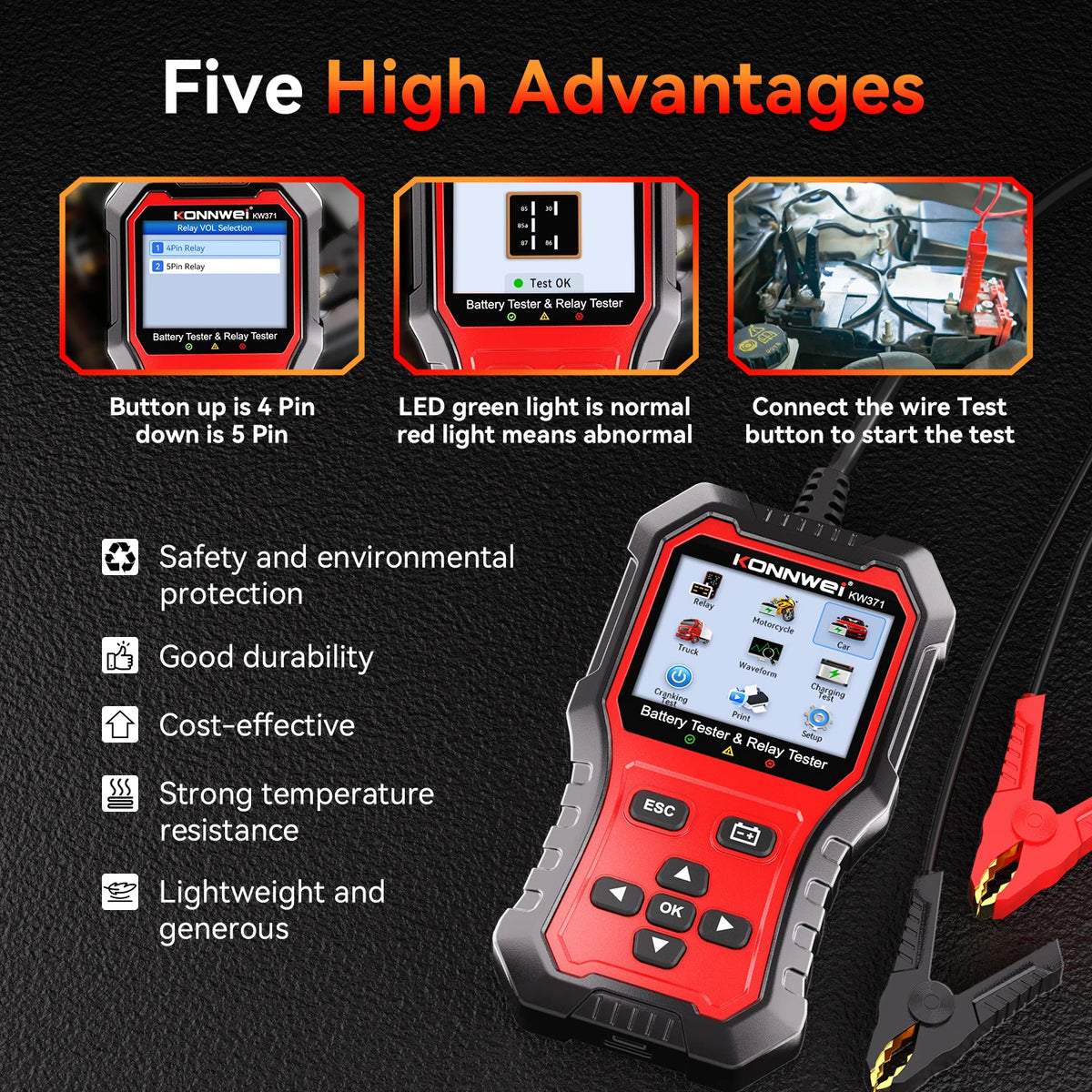Tester Batteria Auto 2in1 KONNWEI KW371 2026 e Tester Relè a 4 Pin 5 Pin 6V 12V 24V con Stampa Dati Guasto, Test Avvio e Strumento di Scansione Ricarica