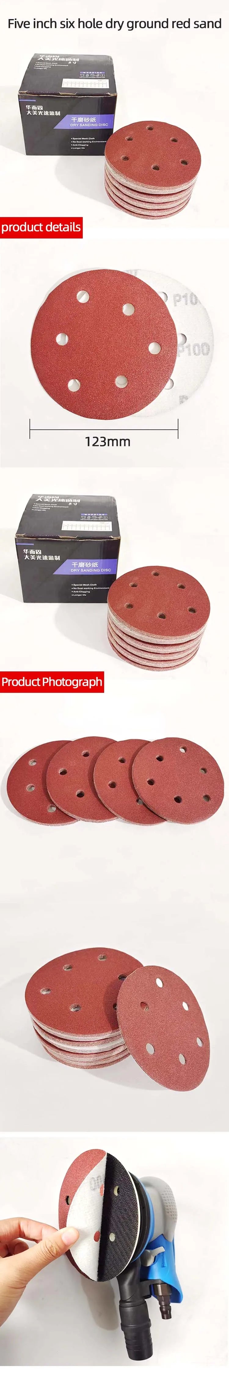 Dischi abrasivi con gancio e anello da 10 pezzi da 125 mm Carta vetrata abrasiva rossa da 5 pollici con 6 fori Grana 80-800 disponibili per levigatrice elettrica