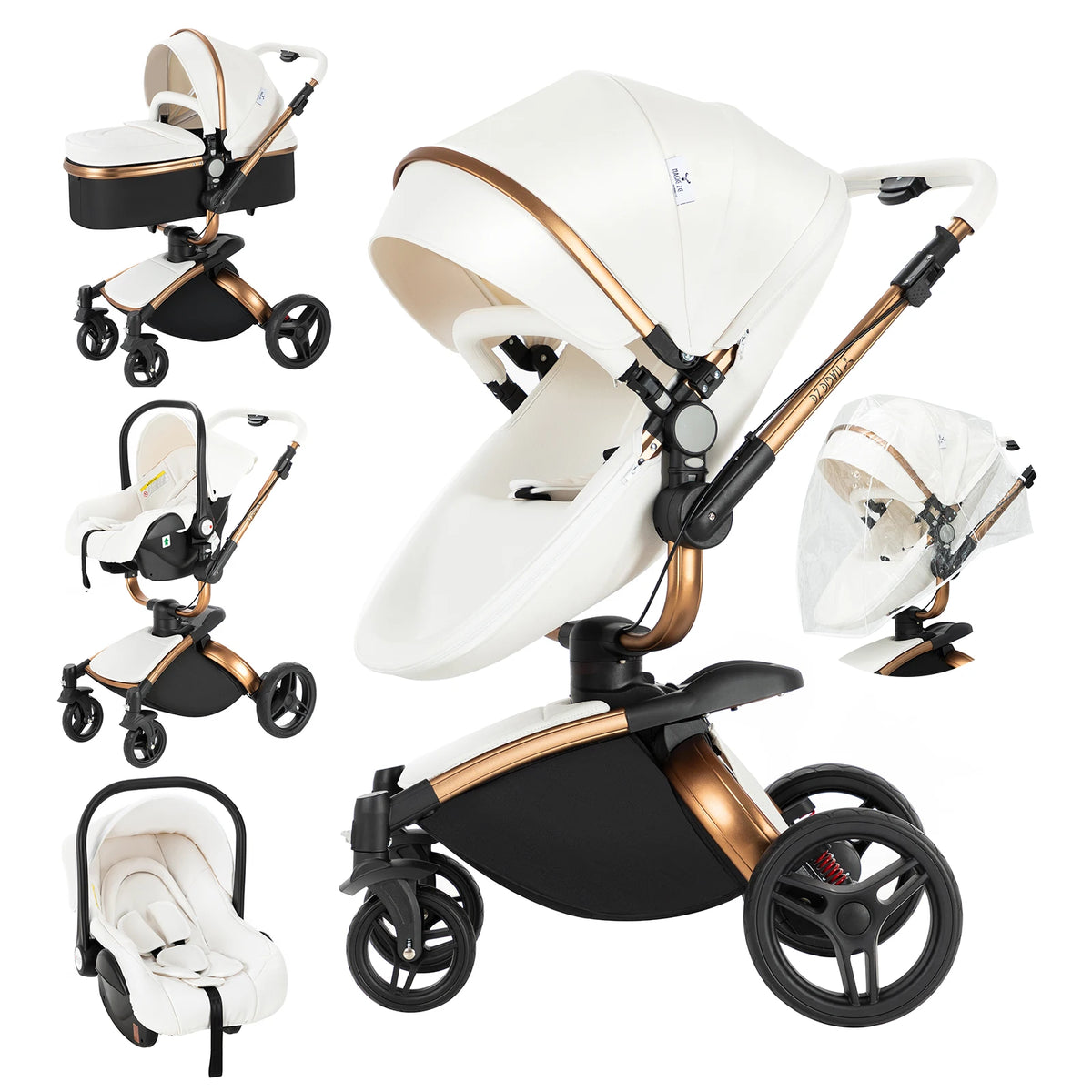 Sistema di trasporto per bambini 3 in 1 con seggiolino auto per neonati e navicella, passeggino pieghevole reversibile a 360 gradi, carrozzina alta per neonati fino a 3 anni, cintura di sicurezza a 5 punti, tettuccio in pelle