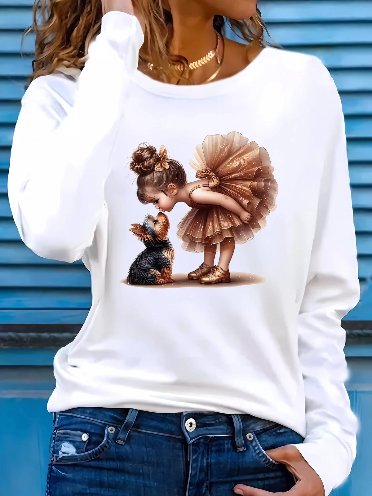 T-shirt girocollo stampata con motivo Torre Eiffel Parigi a maniche lunghe comoda moda primavera e autunno 100% cotone da donna
