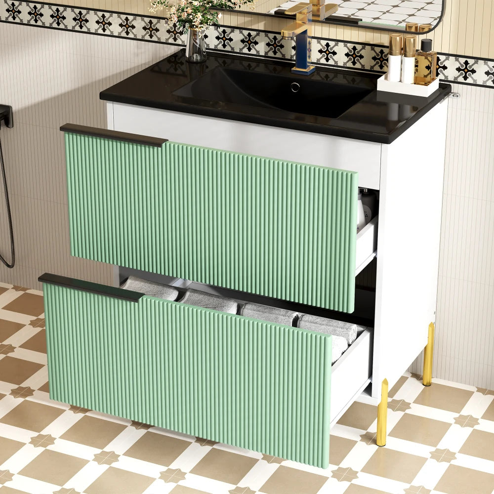 Mobiletto per lavabo da bagno con lavabo in ceramica, lavabo singolo con cassetti in MDF, organizer per mobile da bagno in piedi con lavabo