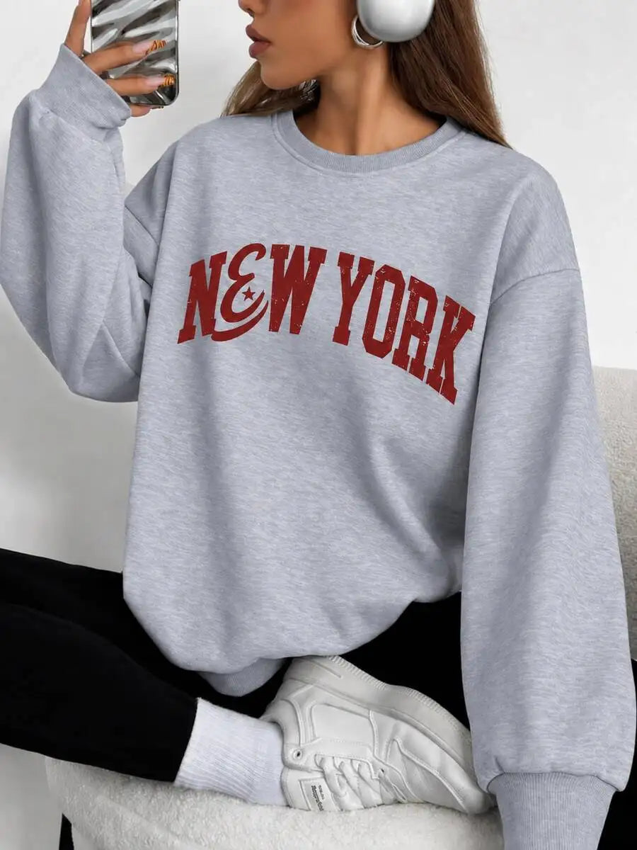 Felpa con stampa a tema New York, felpa da donna con collo alla marinara e fodera in pile, felpe sportive e per il tempo libero, ideali per l’autunno e l’inverno.