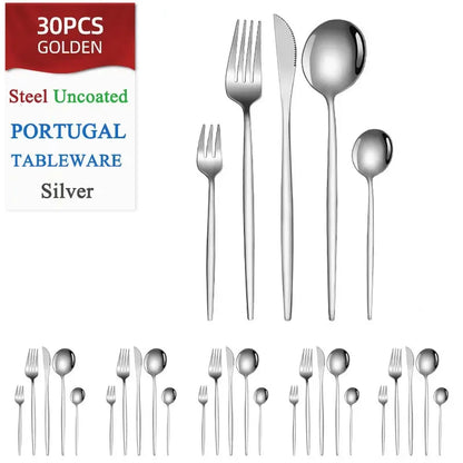 Set di posate dorate da 30 pezzi in acciaio inossidabile, coltelli, forchette, cucchiai, set di stoviglie per banchetti, ristoranti e ospiti