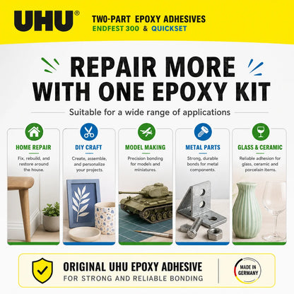 Adesivo Epossidico Bicomponente UHU Plus Endfest 300 Quickset Originale, Colla ad Alta Resistenza per Riparazioni Rapide di Metallo, Ceramica, Vetro e Legno