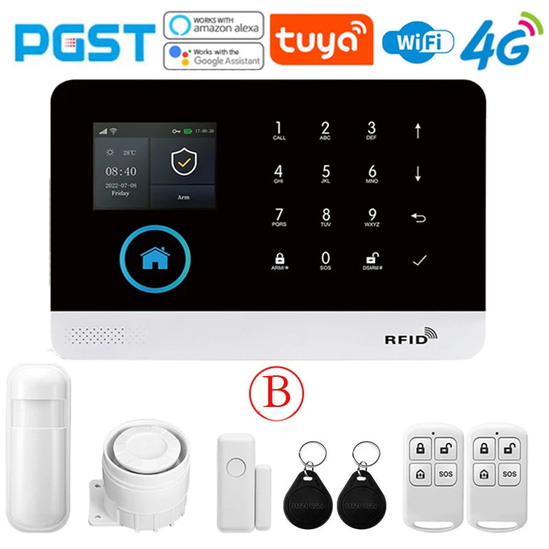 Sistema di allarme domestico PGST, 4G, WIFI, GSM, allarme di sicurezza, antifurto con sensore di movimento per porte, controllo tramite l'app Tuya Smart, compatibile con