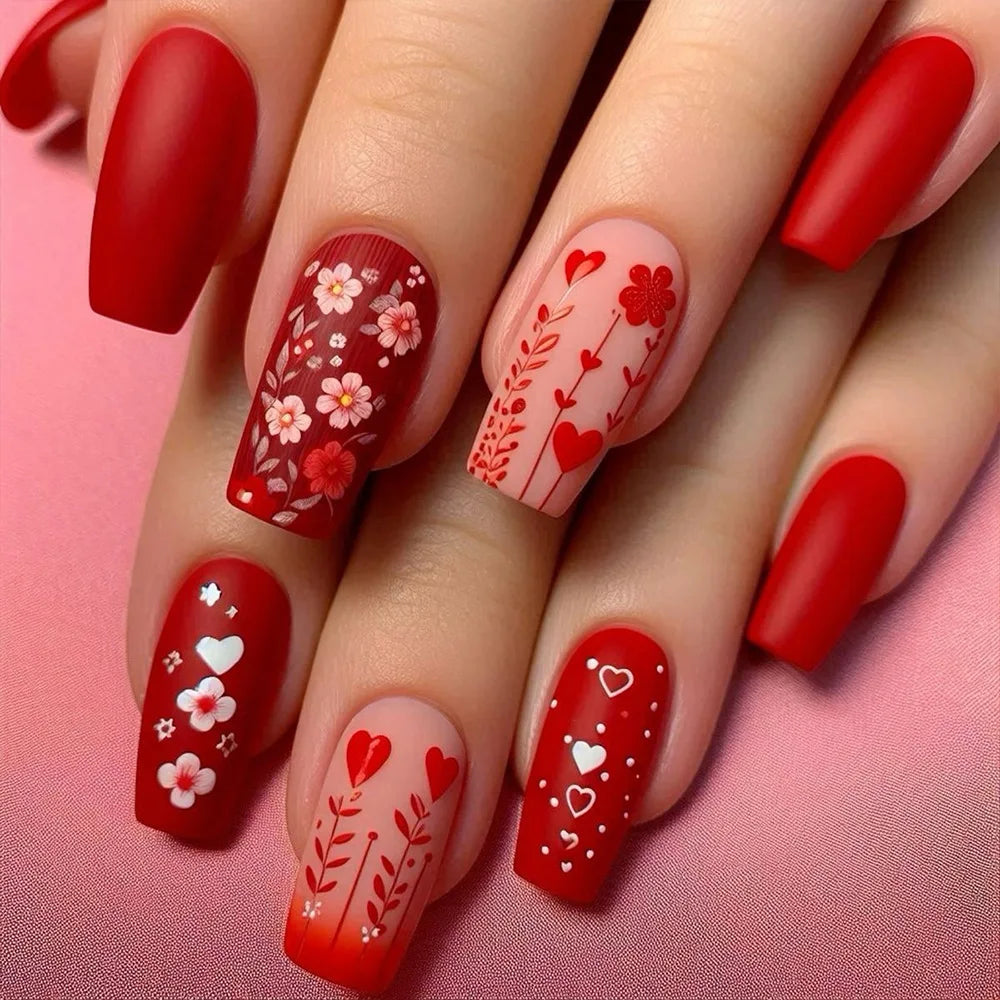 24 pezzi Stampa sulle unghie Design floreale Balletto di media lunghezza Unghie finte Moda Marrone Copertura completa Suggerimenti per manicure Set di unghie finte danneggiabili