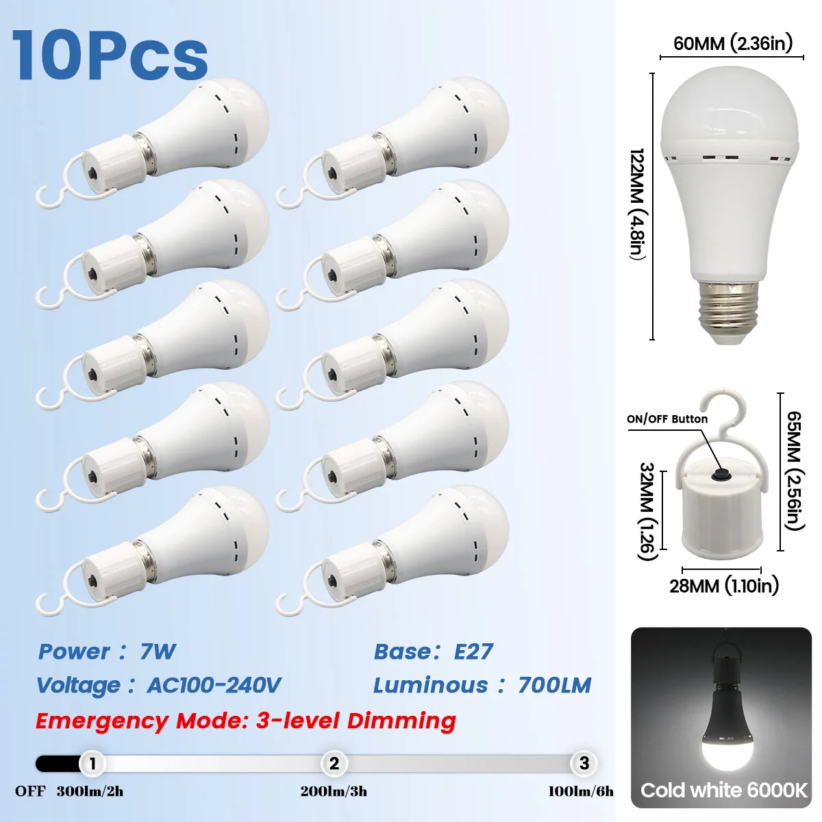Lampadina LED ricaricabile E27 7W 1500mAh 220V 110V Lampadina di emergenza per alimentazione domestica Lampada da giardino per portico da campeggio in guasto all'aperto