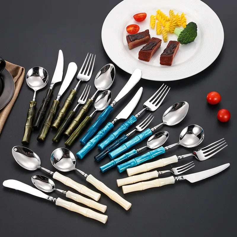 Nuovi posate in resina stile bambù 18/10 in acciaio inossidabile 304 posate classiche set di stoviglie argento blu verde crema trasporto di goccia