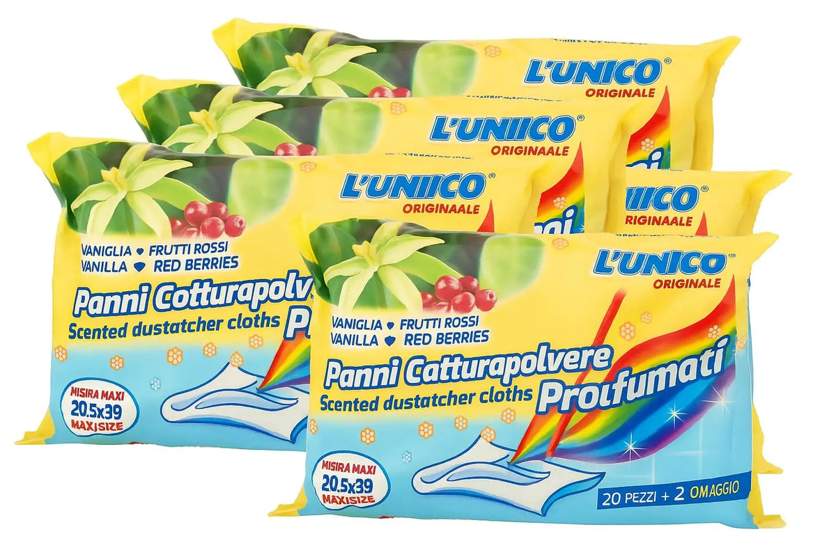 Generico L’Unico Panni Catturapolvere Profumati Vaniglia e Frutti Rossi – 5 Pacchi da 20 Pezzi – Elettrostatici e Profumati, Misura Maxi 20,5x39 cm – Cattura Polvere e Profuma la Casa