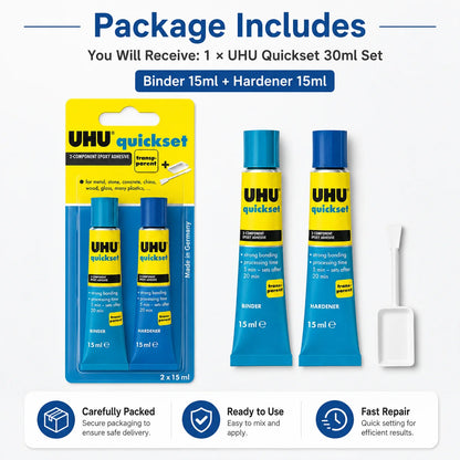 Adesivo Epossidico UHU Quickset 30ml Trasparente Colla Bicomponente AB ad Asciugatura Rapida per Riparazioni di Metallo, Ceramica, Vetro e Plastica