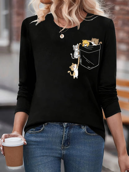 T-shirt girocollo stampata con motivo Torre Eiffel Parigi a maniche lunghe comoda moda primavera e autunno 100% cotone da donna