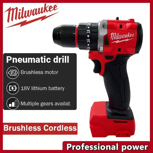 Trapano a percussione compatto Milwaukee M18, 100% senza spazzole, motore leggero ad alta potenza, ideale per la foratura quotidiana di metallo e legno.