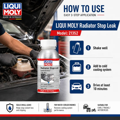 LIQUI MOLY Radiator Stop Leak 21352 150ml Sigillante per Sistema di Raffreddamento per Auto e Moto, Riparazione di Piccole Perdite nel Motore Raffreddato ad Acqua
