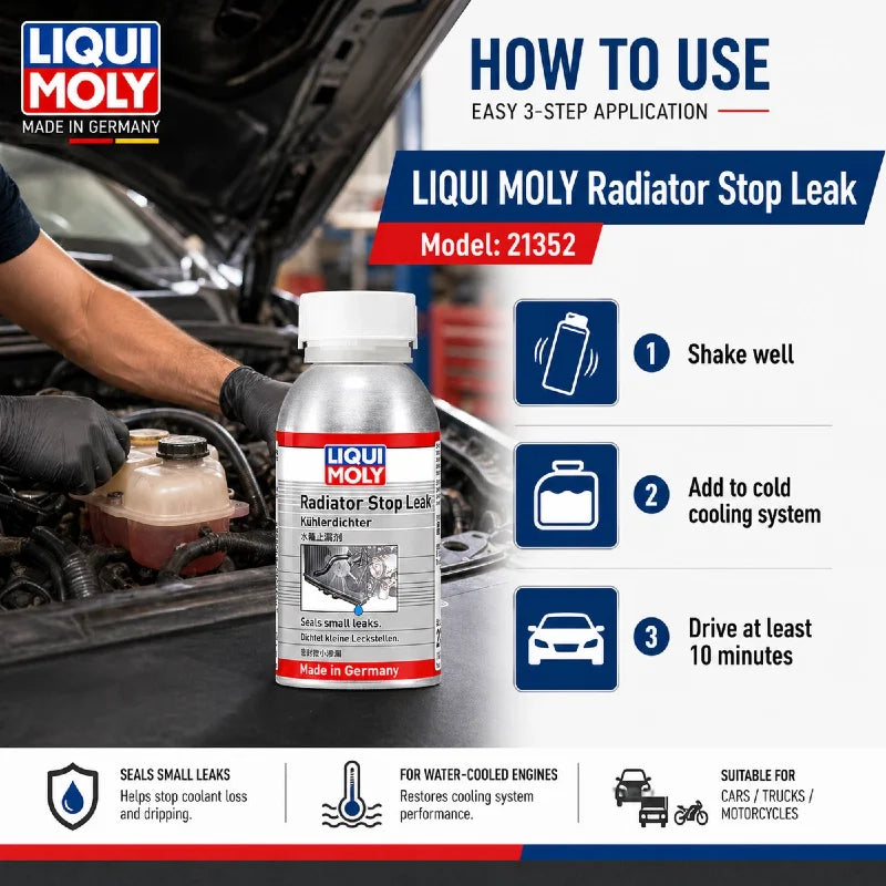 LIQUI MOLY Radiator Stop Leak 21352 150ml Sigillante per Sistema di Raffreddamento per Auto e Moto, Riparazione di Piccole Perdite nel Motore Raffreddato ad Acqua