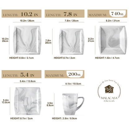 MALACASA 30/60 pz marmo grigio porcellana stoviglie Set di stoviglie con 6 pezzi Dessert/zuppa/piatto cena/tazza/piattino, servizio per 12