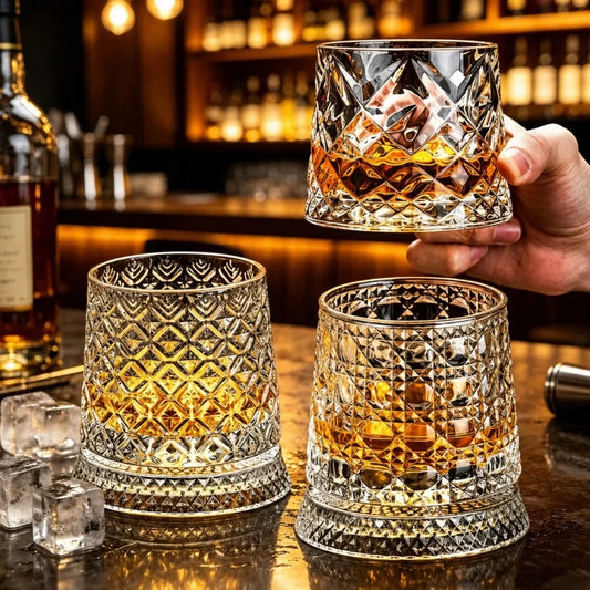 Bicchiere da whisky rotante da 280 ml, in cristallo, per rum, cocktail, regalo per feste, bicchiere da birra creativo in cristallo di alta qualità